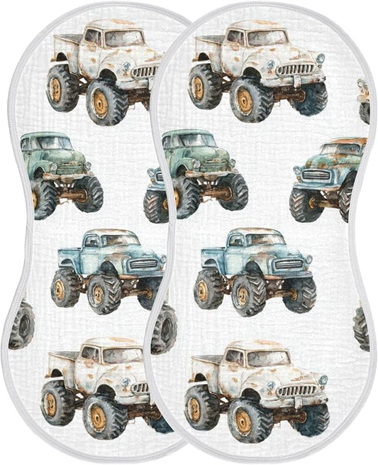 Vintage Monster Trucks Burp Cloths Baby Boys Girls Absorbent Soft Cotton Burping Cloths Rags 2 Pack