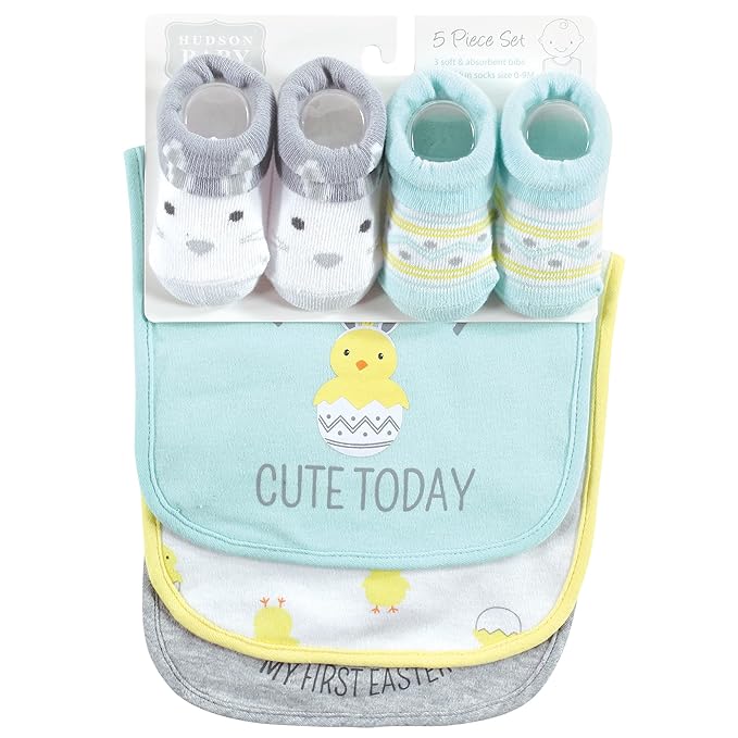 Hudson Baby Unisex Baby Cotton Bib and Sock Set, Eggstra Cute, One Size