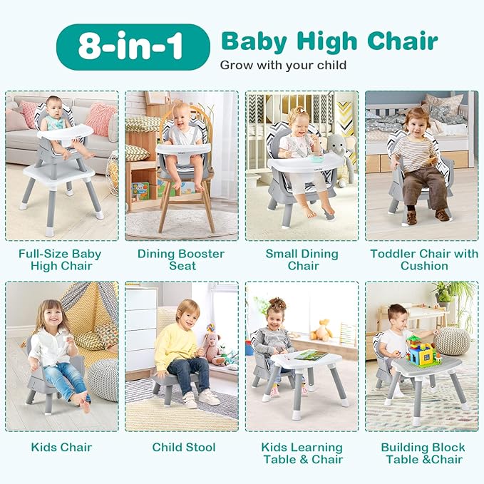 HOMGX Baby High Chair, 8-in-1 Convertible High Chair w/Removable Tray & Safety Harness, Infant Dining Booster Seat, Building Block Table & Chair Set, Highchair for Babies and Toddlers (Wave Grey)