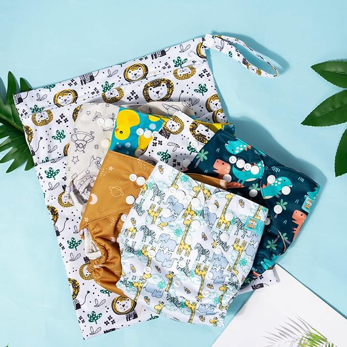 ALVABABY 6pcs Cloth Diaper Covers & 1 Wet Dry Bag, Washable Reusable Diaper Shell for Prefold with Multi-Functional Bag