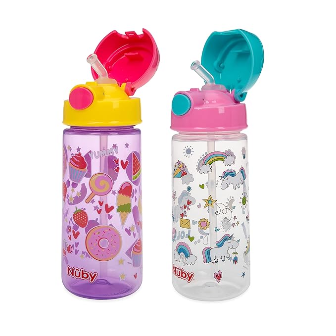 Nuby 2-Pack Kid’s Printed Flip-it Active Water Bottle with Push Button Cap and Soft Straw - 18oz / 540ml, 18+ Months, 2-Pack, Prints May Vary
