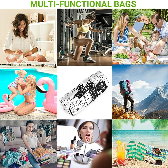 visesunny Funny Black and White Cat Animal 2Pcs Wet Bag with Zippered Pockets Washable Reusable Roomy Diaper Bag for Travel,Beach,Daycare,Stroller,Diapers,Dirty Gym Clothes,Wet Swimsuits,Toiletries