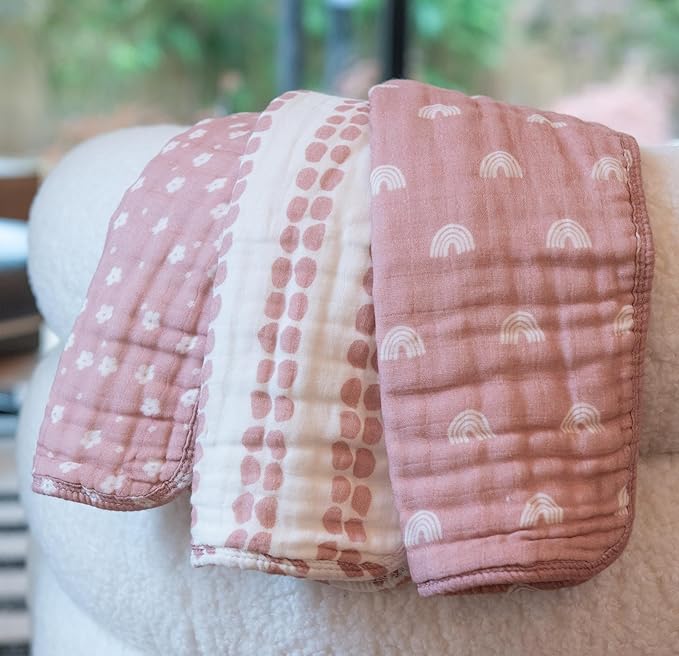 Nana Baby Burp Cloths – 100% Organic Cotton, Oversized & Hypoallergenic, 8-Layer Muslin, Machine Washable, Neutral Unisex Colors, Gentle on Sensitive Skin, Set of 3 (Pink)