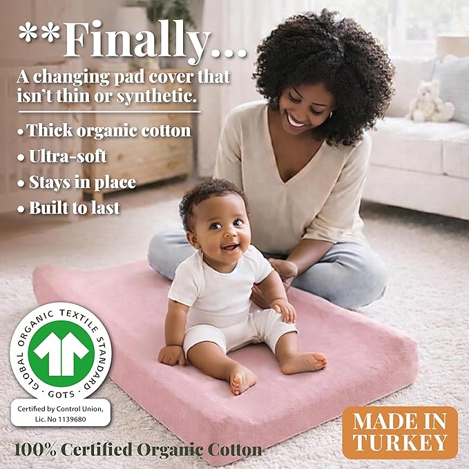 Plush Organic Changing Pad Covers Boy, Girl - GOTS 100% Certified Organic Cotton Changing Table Pad Cover, Baby Nursery Diaper Changing Pad Sheets,Table Contour Pads Liners (Dusty Rose + Dusty Rose)