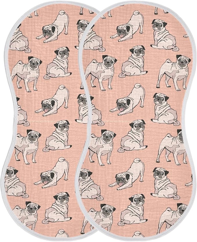 Pug Dog Animal Pattern Muslin Burp Cloths for Baby 2 Pack Soft 100% Cotton Baby Washcloths Bibs for Boy Girl