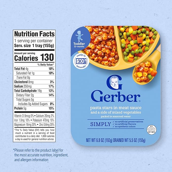 Gerber Mealtime for Toddler Pasta Stars in Meat Sauce with Side of Green Beans, 6.80 Ounce (Pack of 8)