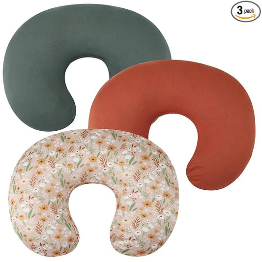 Nursing Pillow Cover Set 3 Pack Nursing Pillow Slipcovers for Moms Breastfeeding Moms, Ultra-Soft Stretchy Fit Standard Nursing Pillows Green/Orange/Floral