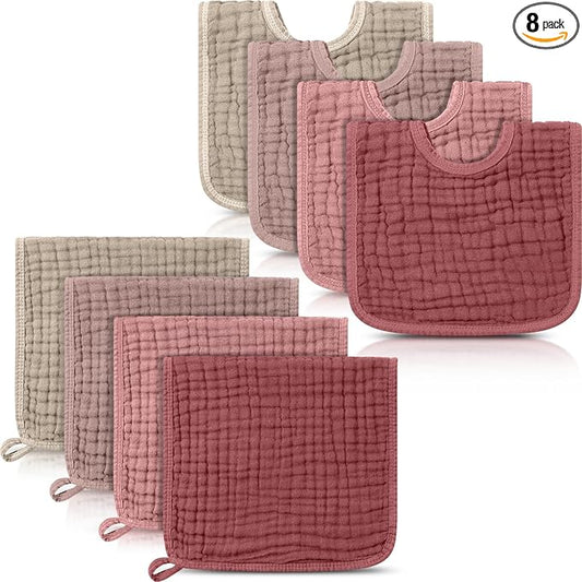 Tallew 8 Pack Muslin Burp Cloths and Baby Bibs for Boy Girl 20" x 10" Cotton Baby Bandana Drool Bibs Muslin Burp Cloths Absorbent Rag for Newborn Toddler Infant Gifts(Dark Pink)