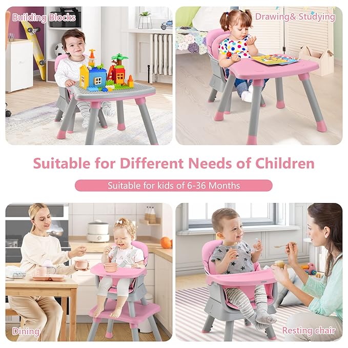 INFANS 8 in 1 Baby High Chair, Convertible Highchair for Babies and Toddlers, Infant Dining Booster Seat, Building Block Table, Kids Stool Table Chair Set with Removable Tray (Light Pink)