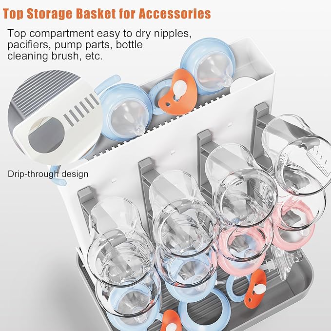 Baby Bottle Drying Rack, Vertical Bottle Rack Dryer Space Saving Bottle Drying Rack Countertop Organizer with Brush Holder for Bottles & Baby Accessories Pacifiers and Pump Part- BPA-Free (Gray)