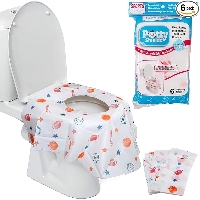 Potty Shields Toilet Seat Covers Disposable (6 Pack, Sports) - XL Waterproof Toilet Cover for Toddlers, Kids & Adults - Portable & Individually Wrapped for Travel, Potty Training & Public Restrooms