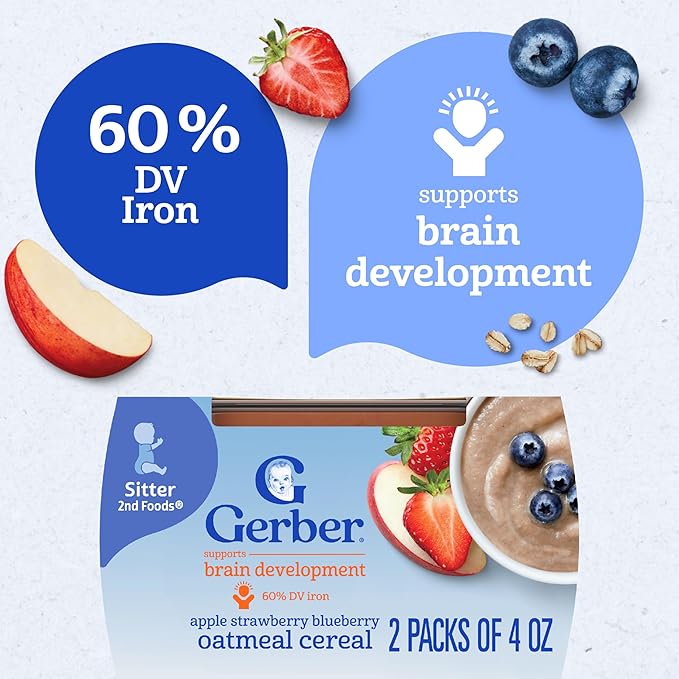 Gerber 2nd Foods Apple Strawberry Blueberry with Mixed Cereal Baby Food, 4 oz Tubs, 2 Count (Pack of 8)