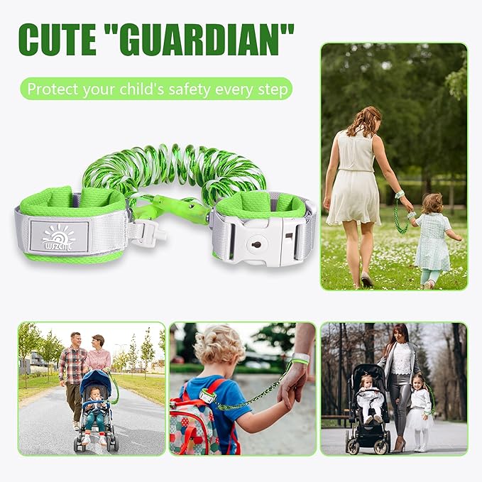 Toddler Harness Walking Leash- Child Anti Lost Wrist Link - Child Safety Harness - Upgrade with Reflective(6.5ft) - for Boys and Girls,Not Easy to Open Without Key (Green)