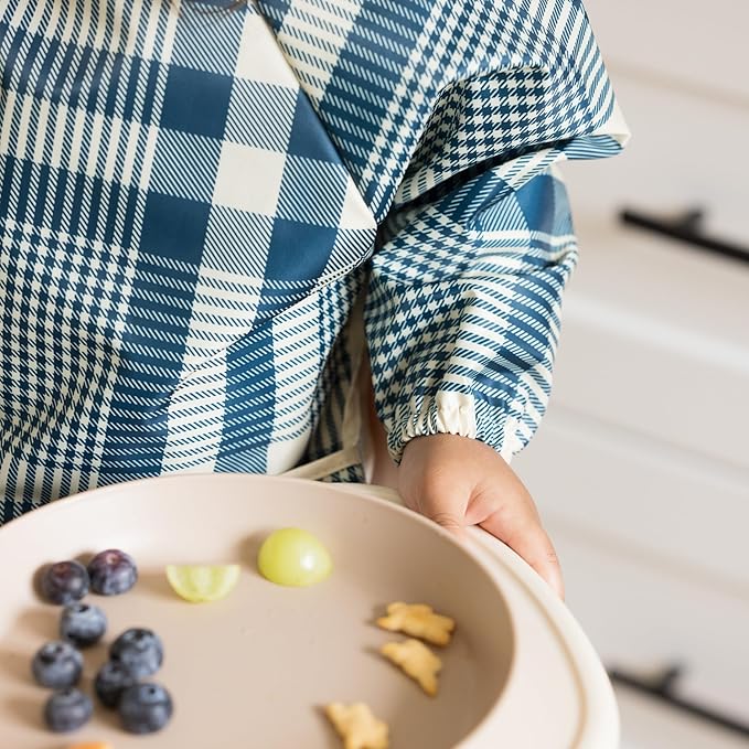 Tiny Twinkle Long Sleeve Bib for Babies & Toddlers | 2-Pack Waterproof Smock Bib for Eating | Machine Washable & Mess-Proof Feeding Essentials | Newborn Shower Gift (Gingham Grid, 6-24M)