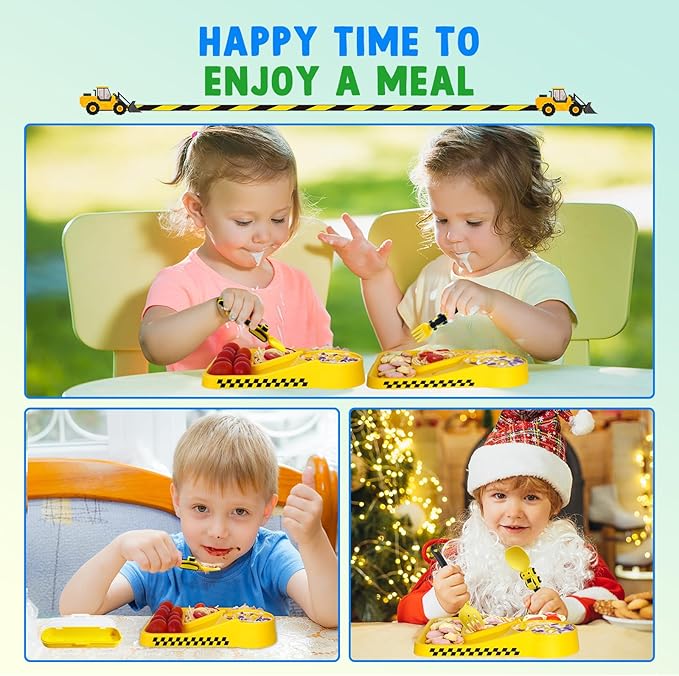 Deinyi Construction Toddler Utensils - Reusable Plastic Toddler Fork and Spoon & Storage Case - Suitable for Kids Utensils - Easter Gifts and Birthday Gifts for 1 2 3 4 5 6 7 year old, Yellow