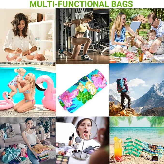 visesunny Tropical Hibiscus Floral Turquoise 2Pcs Wet Bag with Zippered Pockets Washable Reusable Roomy for Travel,Beach,Pool,Daycare,Stroller,Diapers,Dirty Gym Clothes, Wet Swimsuits, Toiletries