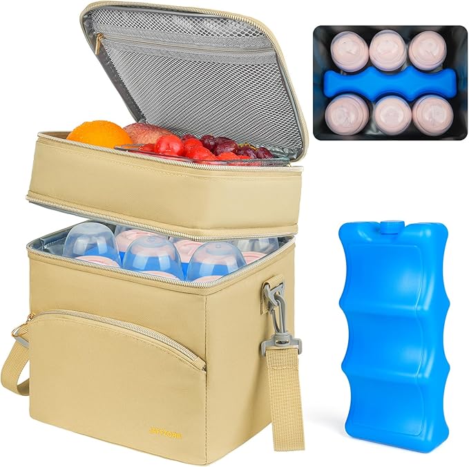 Breastmilk Cooler Bag with Ice Pack, Insulated Baby Bottle Tote Bags Fits 6 Bottles Up to 9 Ounce, Double Layer Breastmilk Travel Carrying Case for Nursing & Working Mom
