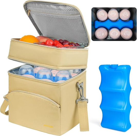 Breastmilk Cooler Bag with Ice Pack, Insulated Baby Bottle Tote Bags Fits 6 Bottles Up to 9 Ounce, Double Layer Breastmilk Travel Carrying Case for Nursing & Working Mom