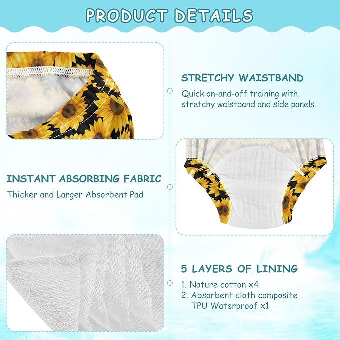 Baby Potty Training Underwear Pants Leakproof Boxers Underwear for Toddler Girls 4T Sunflowers