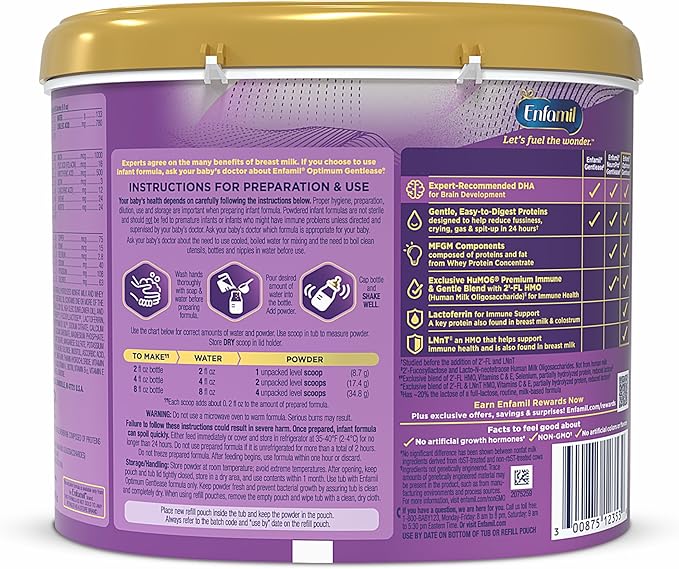 Enfamil Optimum Gentlease Baby Formula, Our Closest Formula to Breast Milk For Fussiness, Crying, Gas & Spit-up, Immune-Supporting Lactoferrin also found in Breast Milk, 19.5 Oz (Pack of 2)