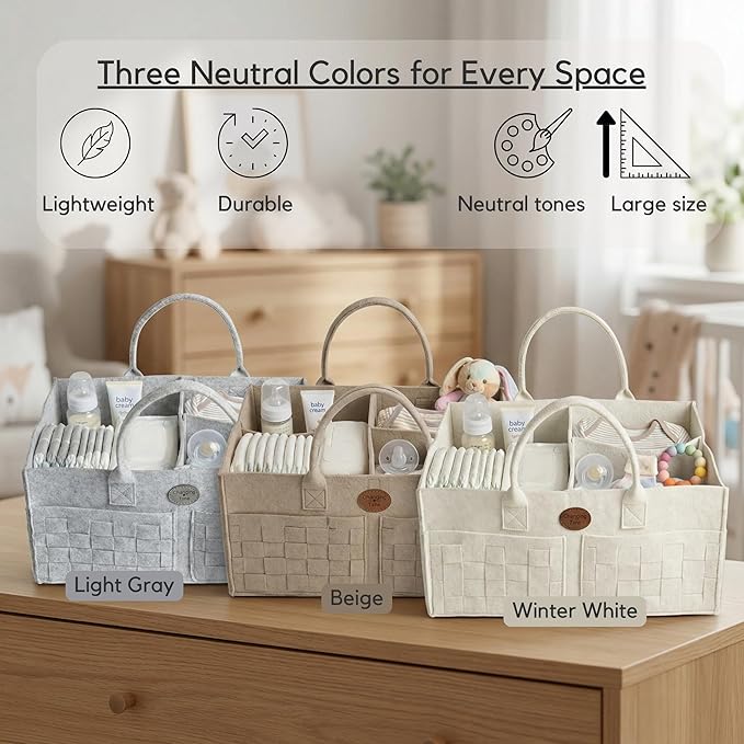 Baby Diaper Caddy Organizer for Nursery – Large Felt Storage Basket for Baby Essentials, Wipes & Diapers – Portable Nursery Organizer Bin for Changing Table or Living Room Light Grey