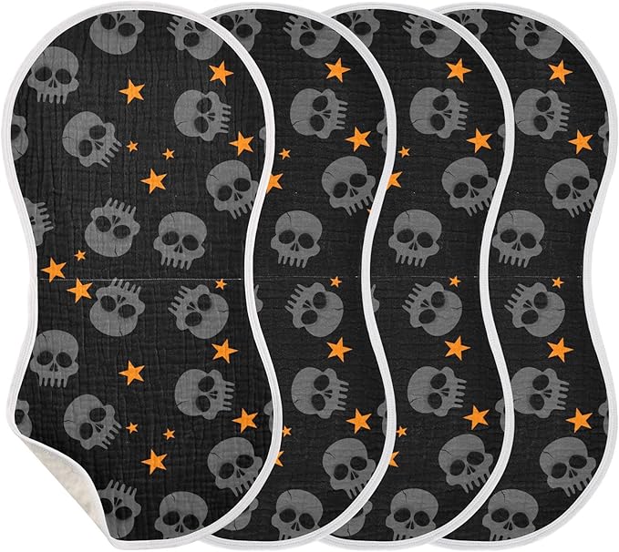 Halloween Skull Muslin Burp Cloths for Baby Boys and Girls - 4-Pack Ultra Absorbent Muslin Washcloths, Newborn Towel, Milk Spit Up Rags, Burp Cloth Bib for Unisex, 22 x 11 Inch