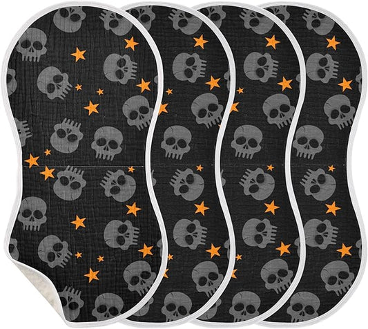 Halloween Skull Muslin Burp Cloths for Baby Boys and Girls - 4-Pack Ultra Absorbent Muslin Washcloths, Newborn Towel, Milk Spit Up Rags, Burp Cloth Bib for Unisex, 22 x 11 Inch