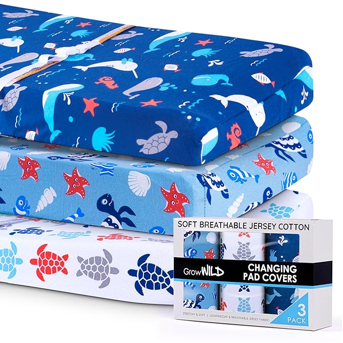GROW WILD Changing Pad Cover 3 Pack | Soft & Stretchy Jersey Cotton | Baby Changing Table Pad Cover | Diaper Changing Pad Covers for Girls and Boys (Ocean & Under the Sea)