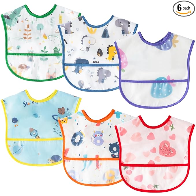 6Pcs Baby Feeding Bibs with Crumb Catcher Pocket Waterproof Sleeveless Teething Plastic Food Bib Set Adjustable Toddler Infant Keepsake Gift for Baby Shower, 6-24 Months