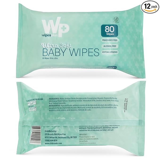 WIPESPLUS Baby Wipes, Hypoallergenic Ultra Soft Wipes for Sensitive Skin, Unscented, Alcohol Free, 12 Packs of 80 Wipes