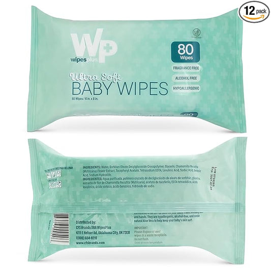 WIPESPLUS Baby Wipes, Hypoallergenic Ultra Soft Wipes for Sensitive Skin, Unscented, Alcohol Free, 12 Packs of 80 Wipes