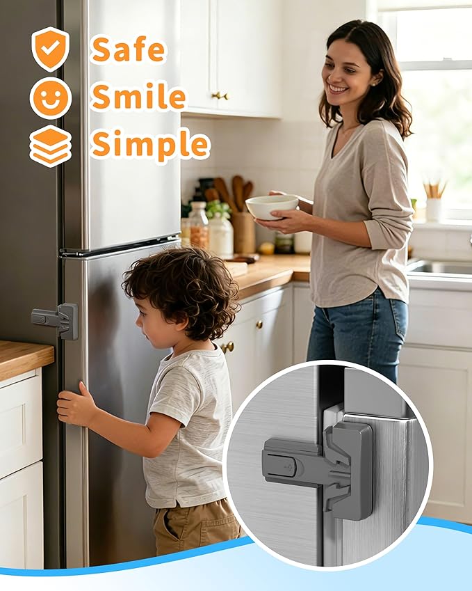 Yunkey Child Safety Fridge Lock — Auto-Lock Design, One-Hand Open & Self-Locking Close — Helps Keep Toddlers & Pets Out — 3M Strong Hold & Clean Removal | Gray, 1-Pack