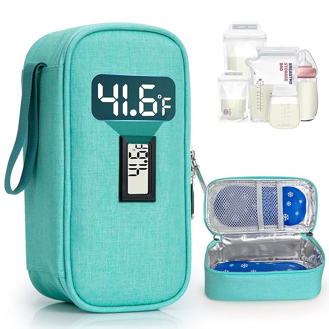 Breast Milk Cooler Travel Bag, Real-Time Temperature Display, Holds 4-6 Breastmilk Storage Bag with 2 Breast Milk Ice Pack, Cooling & Waterproof Portable Cooler for Moms on the Go (Light Green)