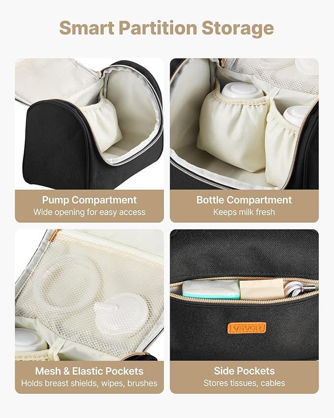 VEVOR Wearable Breast Pump Bag, Breast Feeding Bag with Waterproof Mat, Compatible with Momcozy, Medela & Elvie Pumps, Portable Pump Carrying Case for Work, Travel and Family Use, Black