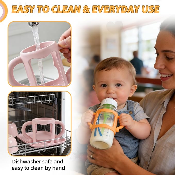 (3-Pack) Bottle Handles for Dr Brown Baby Bottles with Easy Grip Handles to Hold Their Own Bottle - BPA-Free Soft Silicone (White Pink Orange)