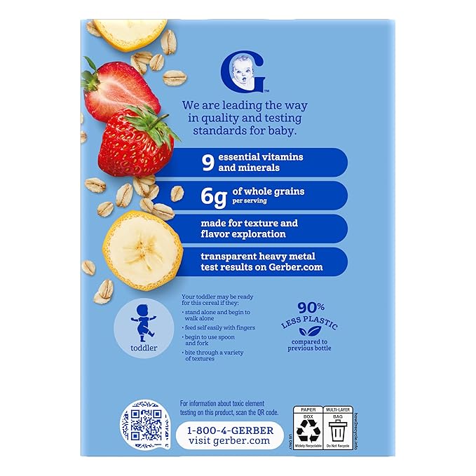 GERBER CEREAL FOR BABY GRAIN AND GROW Toddler Oatmeal Banana Strawberry 5x8oz