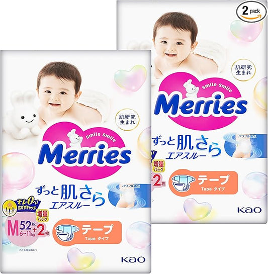Merries Baby Diapers Size Medium, 2 PKS of 52+2 Count (108 Count), Ultra-Soft, Breathable, Parallel Import Product, Made in Japan
