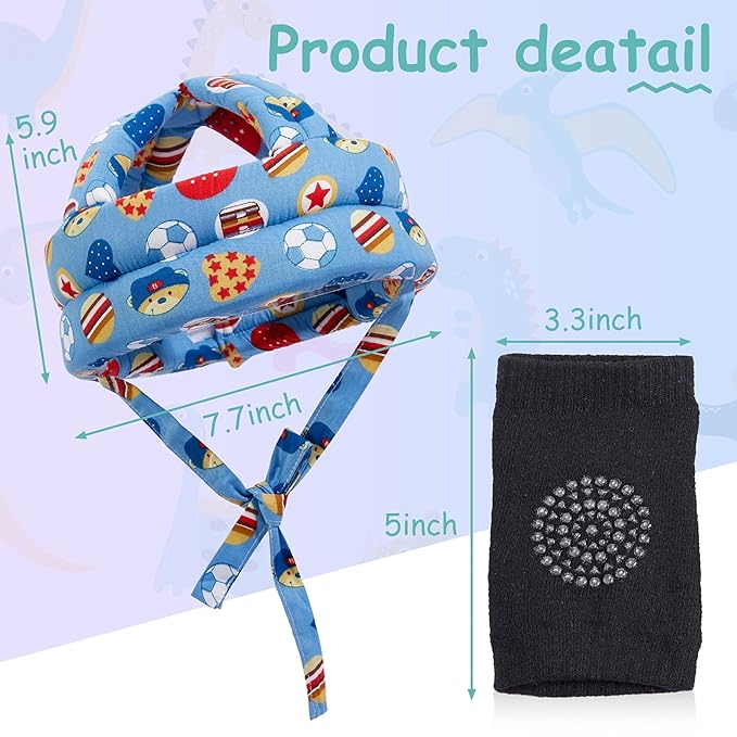 Geyoga 2 Pack Baby Head Protector with 2 Pair Toddler Knee Pads Baby Helmet for Crawling Walking Adjustable Soft Safety Headguard Toddler Protective Cap 6-12 Months 1-2 Years Old(Soccer, Owl Style)