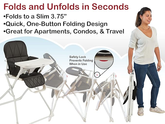 Primo PopUp Folding High Chair for Baby Age 6 to 36 Months - Black Folding Beach Style High Chair with Removable Dishwasher Safe Tray, 3pt Safety Harness, Leatherette Seat - Space Saving Design