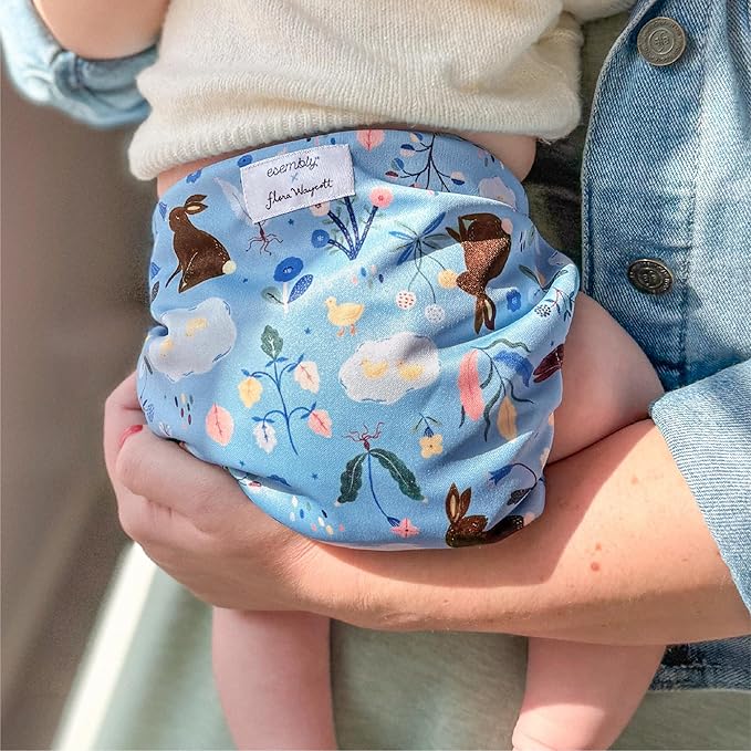 Esembly Cloth Diaper Cover - Reusable Swim Diaper, Waterproof, Breathable - Adjustable Outer Layer Over Absorbent Inner for Blowout Protection - Bunnies, Size 1 (7-17 lbs)