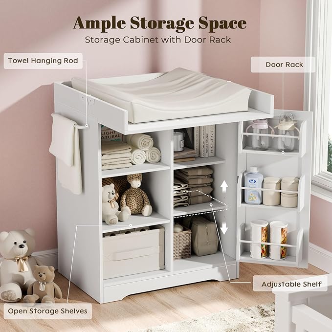 Gyfimoie Baby Changing Table with Foldable Tabletop, White Storage Cabinet with Shelf & Door Rack, Modern Diaper Changing Station with Storage, Perfect for Bedroom & Nursery (Pad Not Included)