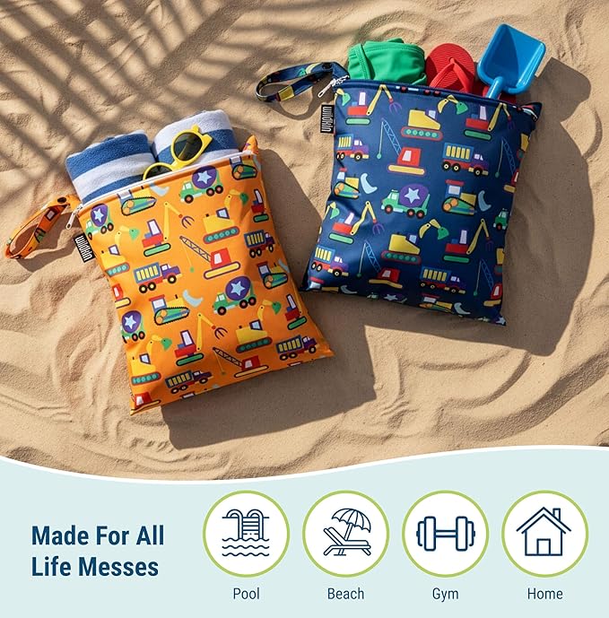 Wildkin Wet Bag Set for Boys, & Girls – Durable Zipper with Snap Loop Handle, Reusable Water-Resistant Bags for Beach, Pool, Travel & Gym - Under Construction