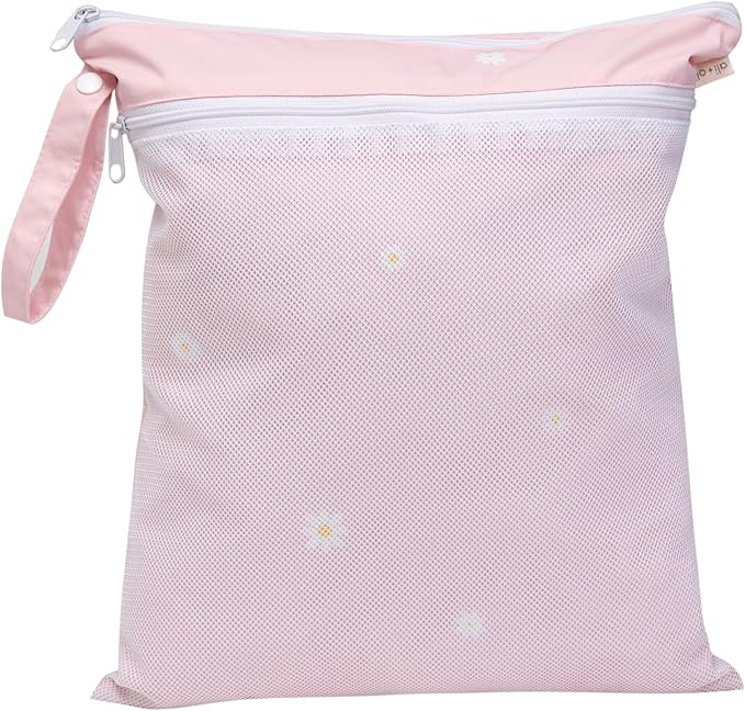 Ali+Oli Water Resistant Dual-Compartment Wet-Dry Bag for Travel, Hook to Stroller, Daycare, Diapers, Diaper Bag, Clutch Bag,15x12 inches (Blush Daisy)