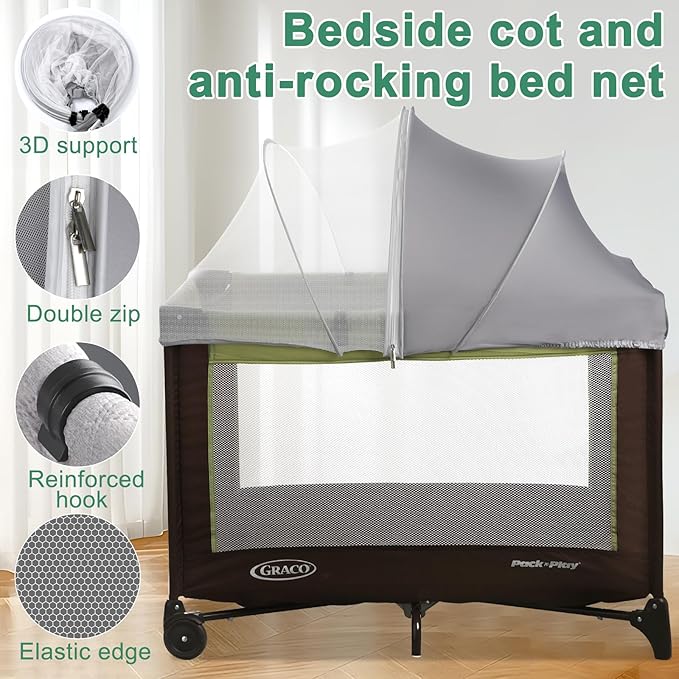 Pack N Play Tent Cover & Bassinet Canopy - Half-Blackout Breathable Mosquito Net with 2-Way Zipper for Bassinet, Travel Crib, Mini Crib & Playpen to Keep Cats Out (Gray-Large)
