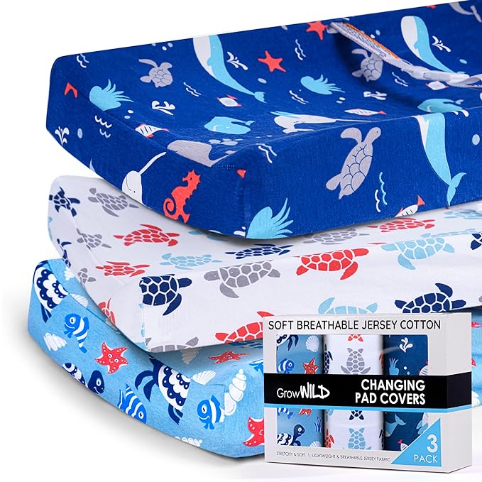 GROW WILD Changing Pad Cover 3 Pack | Soft & Stretchy Jersey Cotton | Baby Changing Table Pad Cover | Diaper Changing Pad Covers for Girls and Boys (Ocean & Under the Sea)