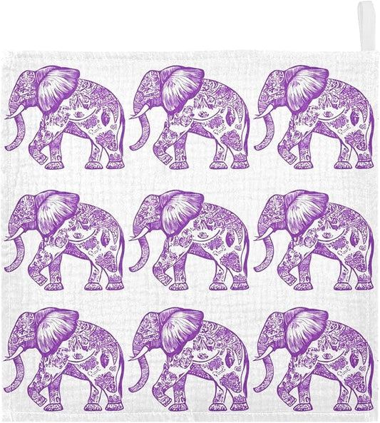vvfelixl Baby Muslin Washcloths Purple Outline Elephant Baby Burp Cloths Cotton Babys Face Towel for Newborn Infants Boys Girls Soft and Absorbent 11.8 X 11.8 in, 3 Pack