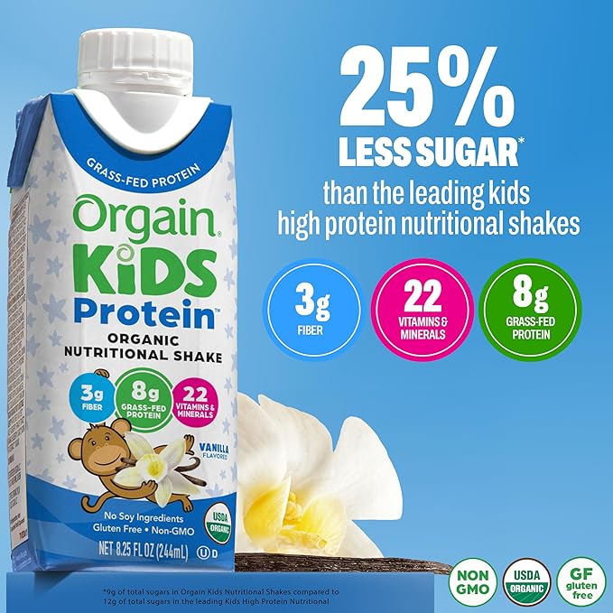 Orgain Organic Kids Protein Nutritional Shake, Vanilla - 8g of Protein, 22 Vitamins & Minerals, Fruits & Vegetables, Gluten Free, Soy Free, Non-GMO, 8.25 Fl Oz (Pack of 4)