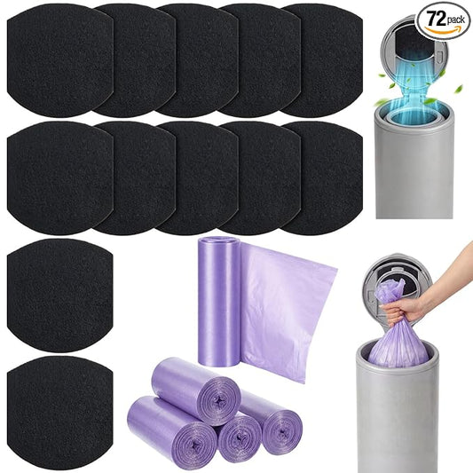 12 Pack Diaper Pail Deodorizer Refill Set Compatible with Ubbi Diaper Pail, 12 Activated Charcoal Filters and 60 Disposable Bags, Odor Absorbing Refills for Baby Nursery Odor Control