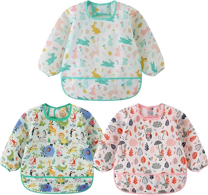 3 Pcs Waterproof Long Sleeves Baby Bibs Weaning Smock Bib 3-24 Months