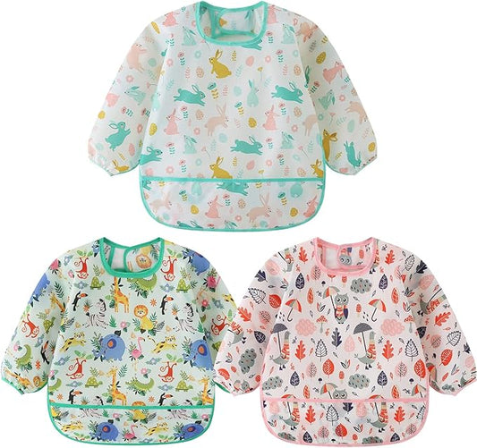 3 Pcs Waterproof Long Sleeves Baby Bibs Weaning Smock Bib 3-24 Months